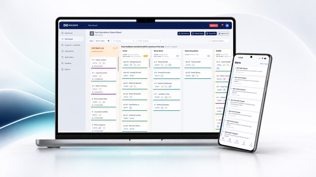 The DockOps Flow Board open on a laptop next to the DockOps alerts feed on a phone